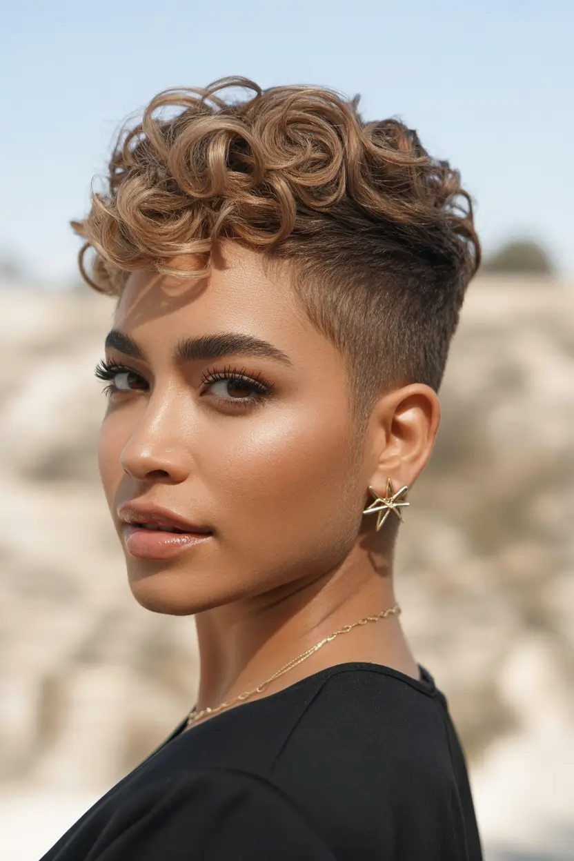 spring hair color for tan skin Golden Brunette Curly Crop With Sunlit Highlights