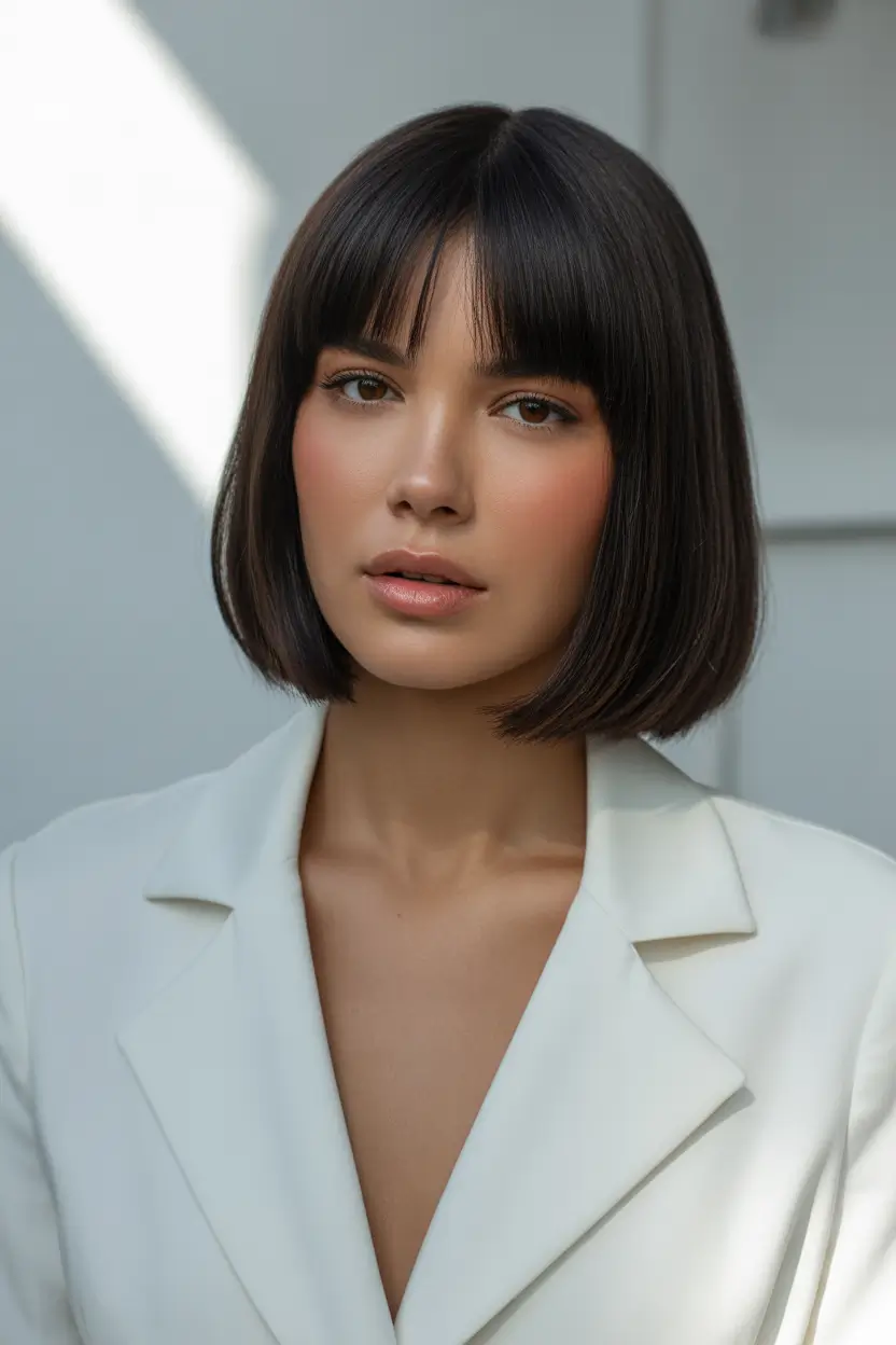spring hair color for tan skin Classic Espresso Bob With Soft Fringe