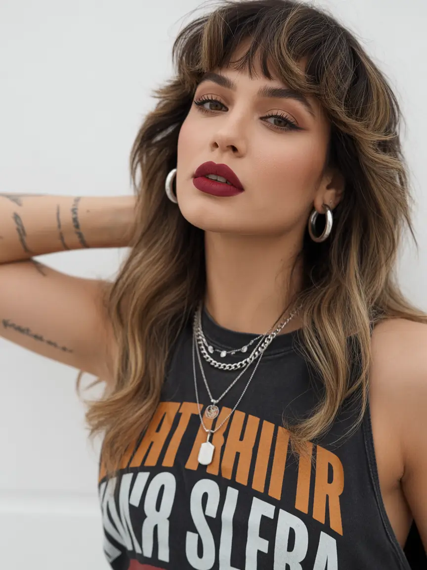 spring hair color for tan skin Soft Brown With Honey Ribbons and French-Girl Bangs