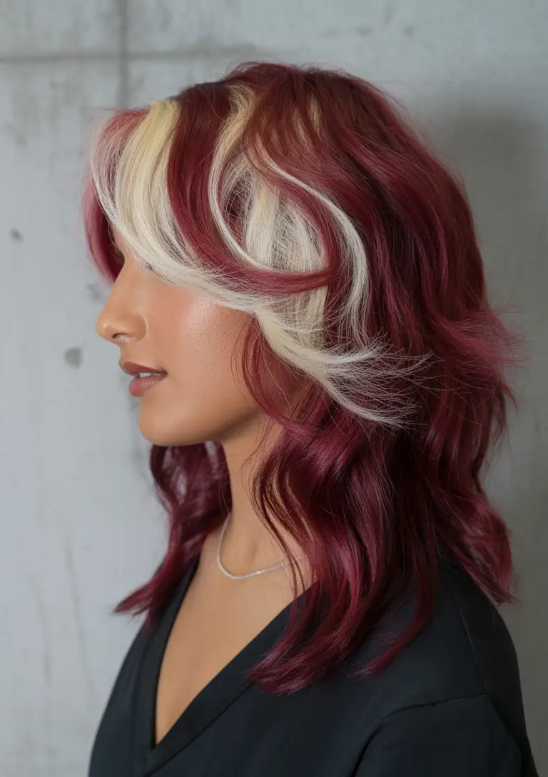 spring hair color for tan skin Cherry Cola Waves With a Blonde Money Piece