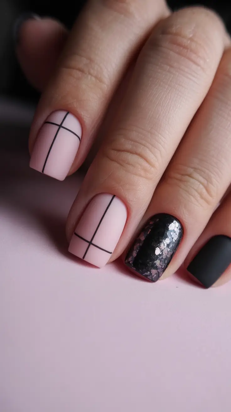 spring nail colors Blush Grid With Black Accent And Glitter
