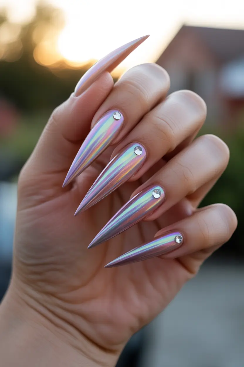 spring nail colors Holographic Chrome Stiletto Glow