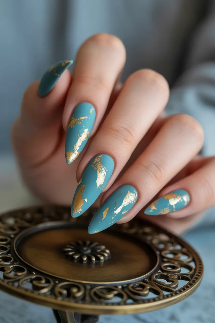 spring nail colors Sea Glass Teal With Gold Leaf Accents