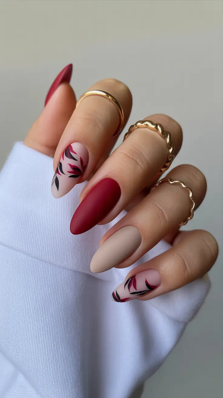 spring nail colors Matte Berry And Beige Botanical Contrast