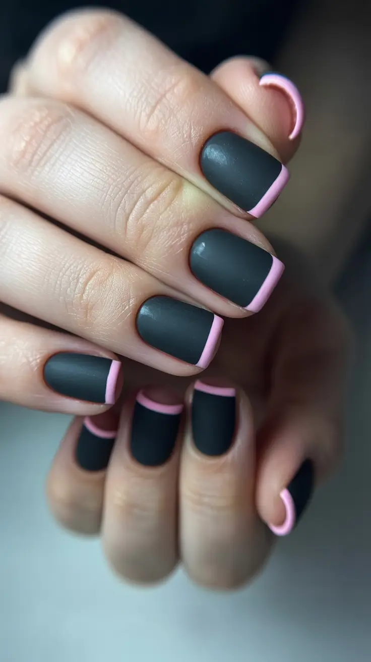 spring nail colors Matte Charcoal With Pink French Edge