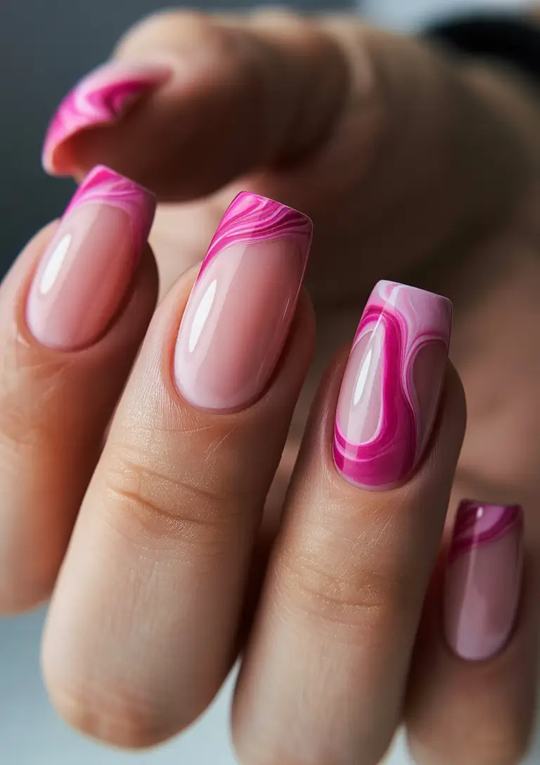 spring nails pink Glossy Pink Marble Waves That Feel Like Moving Light