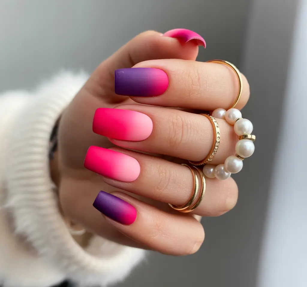 spring nails pink Pink and Purple Ombre Nails That Feel Like Spring Sunset Energy