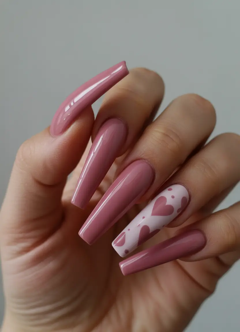 spring nails pink Soft Mauve Pink Nails With Romantic Heart Accent