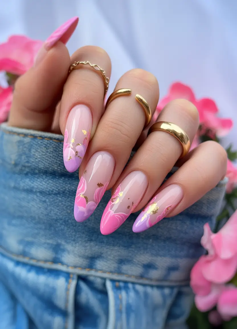 spring nails pink Dreamy Pink Floral Fade Nails With Gold Foil Accents