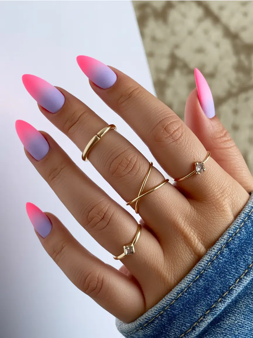 spring nails pink Pink and Lavender Gradient Almond Nails for Soft Color Lovers