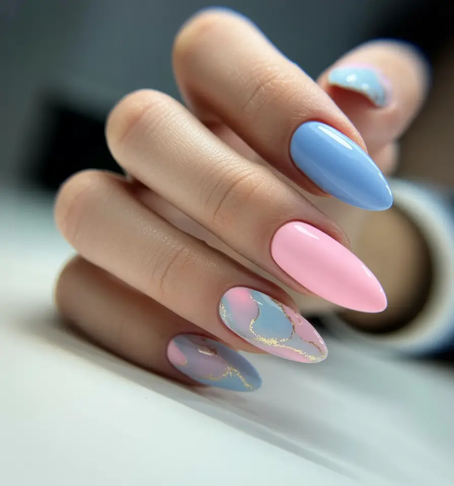 spring nails pink Pastel Pink and Blue Marble Nails With Gold Detailing