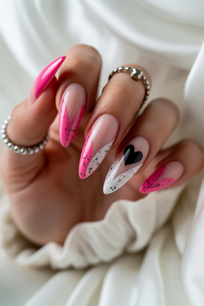 spring nails pink Graphic Pink and White Nails With Modern Heart Detail