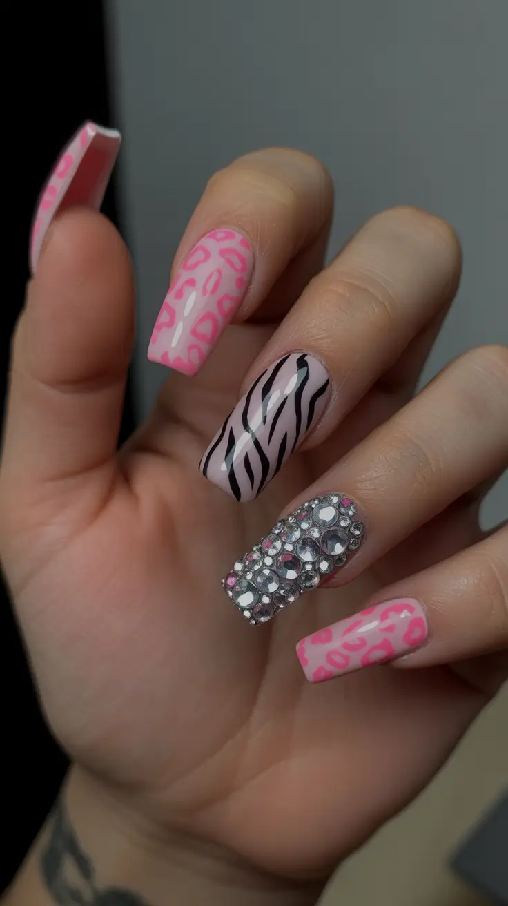 spring nails pink Bold Pink Pattern Mix Nails With Glam Statement Energy
