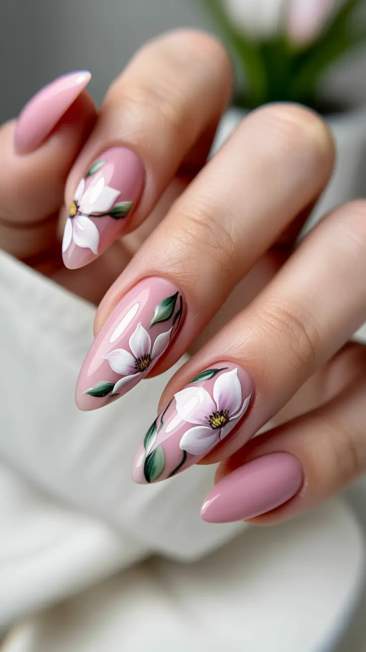 spring nails pink Almond Pink Floral Nails That Feel Soft Yet Elevated