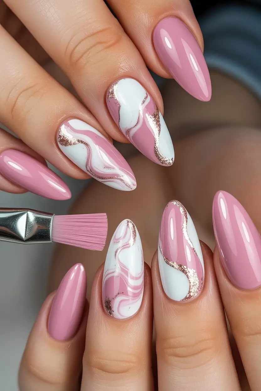 spring nails pink Pink and White Marble Flow With Soft Gold Accents