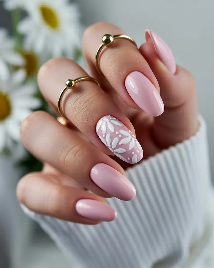 spring nails pink Minimalist Pink Nails With Delicate White Floral Texture