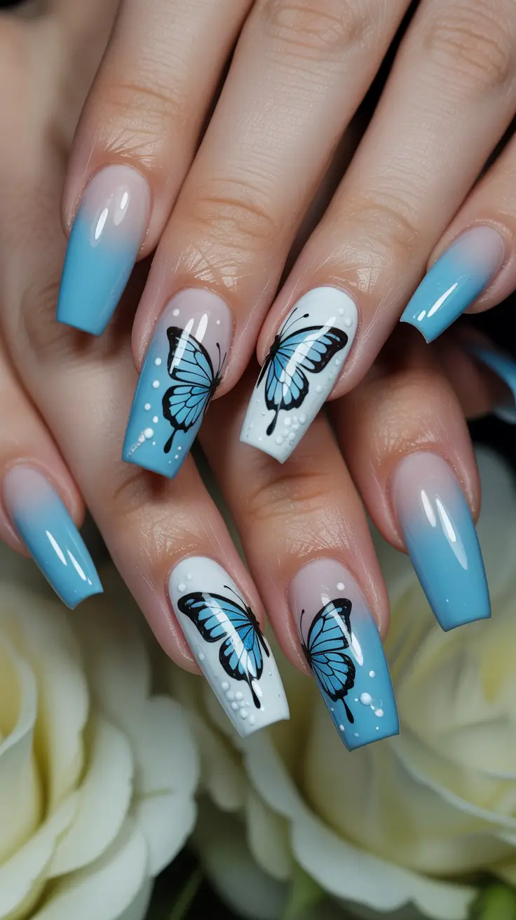 spring nails square Blue Butterfly Statement Nails That Celebrate Spring Transformation