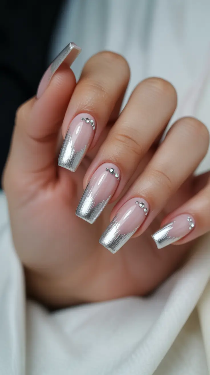 spring nails square Silver Chrome Fade with Crystal Details