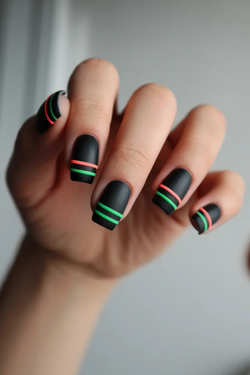 spring nails square Matte Black Lines with Neon Accents for Modern Spring Contrast