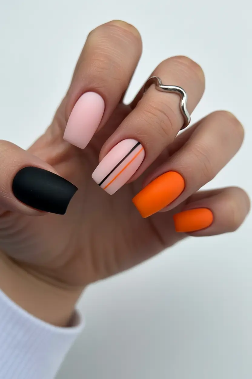 spring nails square Soft Pink and Orange Minimalist Color Block