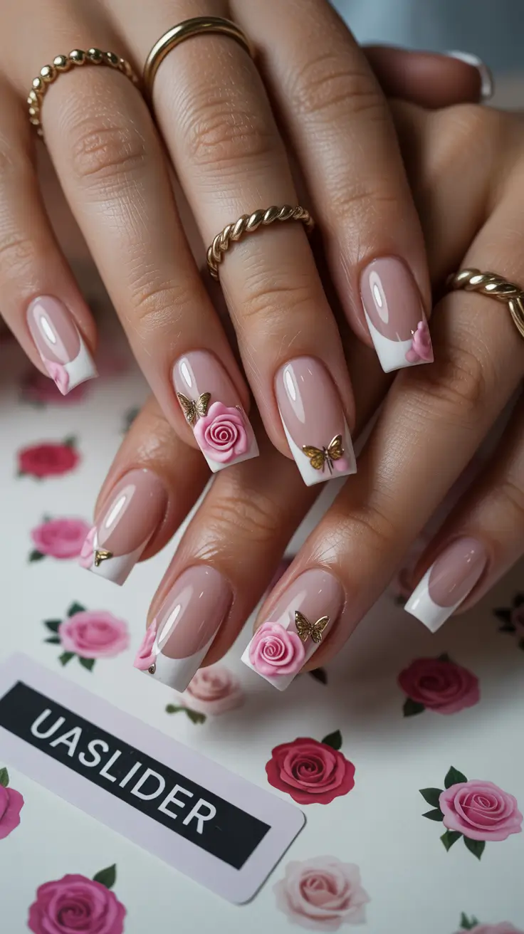 spring nails square Romantic Floral French Tips with Sculpted Roses