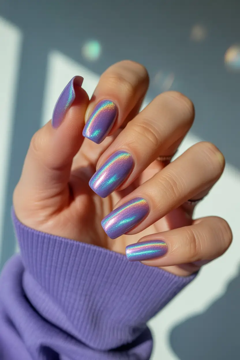 spring nails square Holographic Purple Glow for Dreamy Spring Light