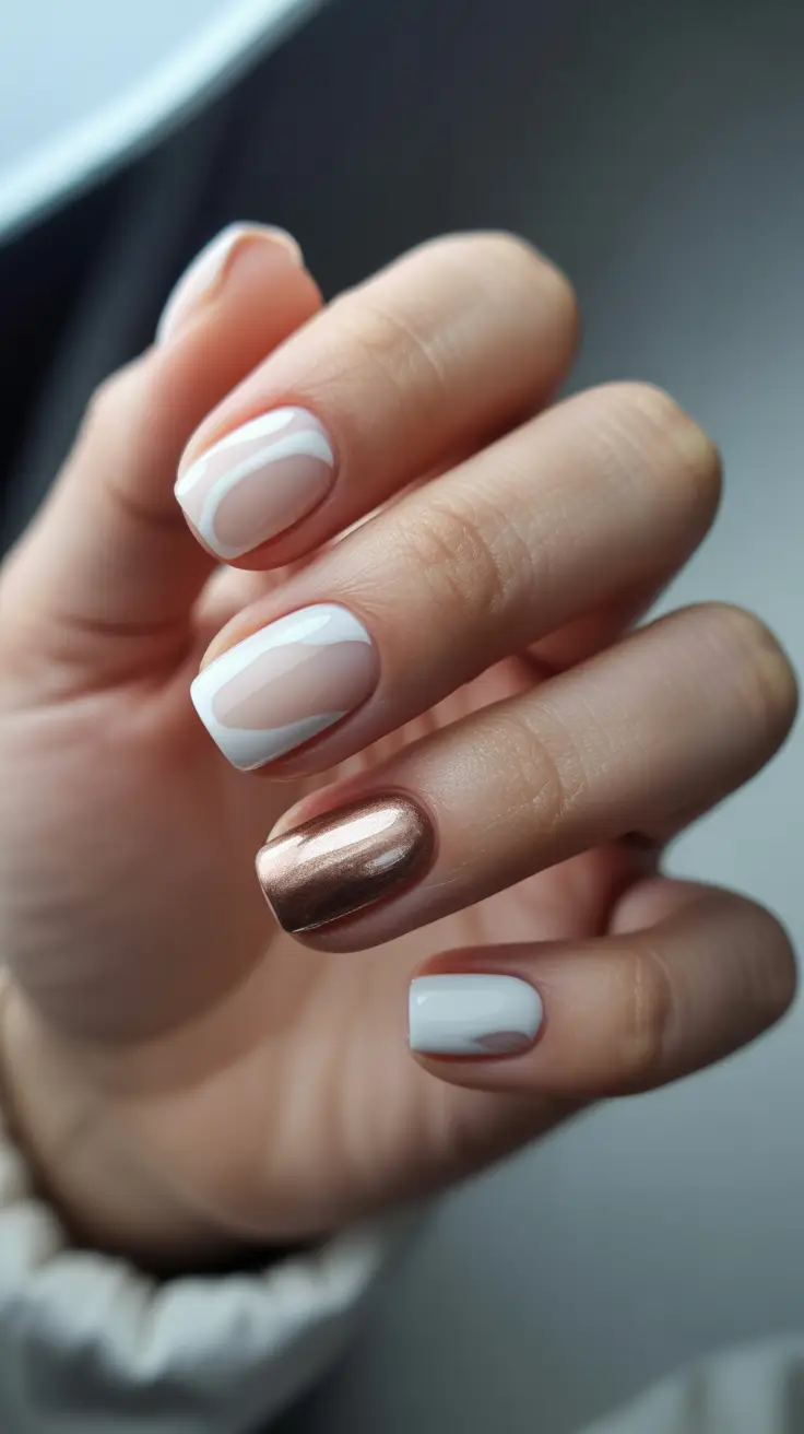 spring nails square Minimal White Lines with Metallic Accent Balance