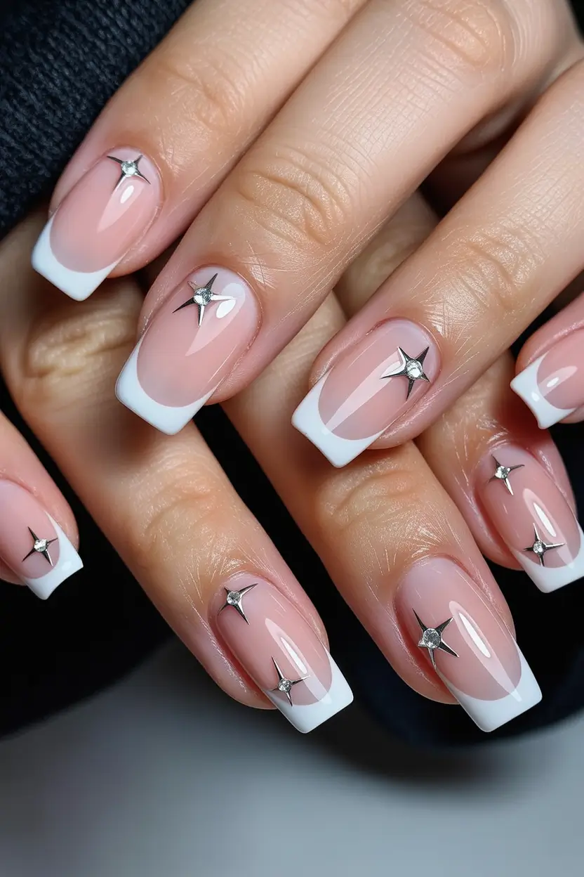 spring nails square Modern French Tips with Star Accents