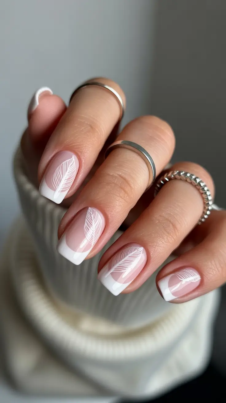 spring nails square Delicate White Leaf Details for a Soft Floral Moment