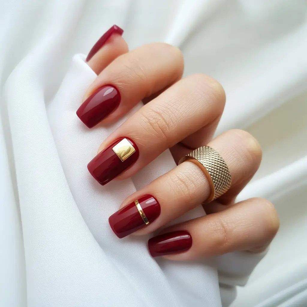 spring nails square Deep Cherry Square Nails with Modern Gold Details