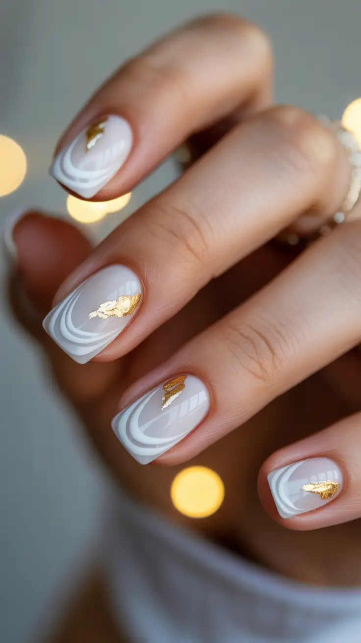 spring nails square Milky White Waves with Golden Light Reflections