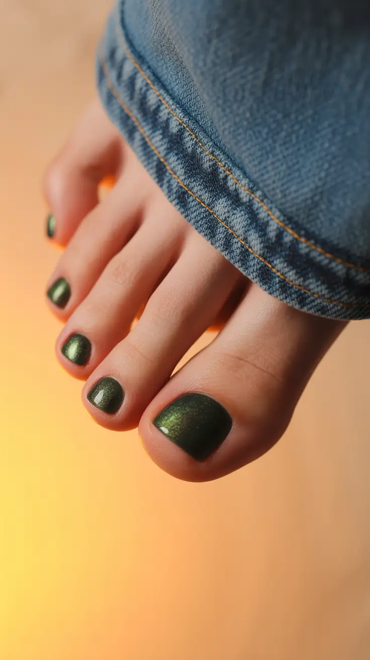 spring toe nail color Deep Forest Shimmer Pedicure for Earthy Glam Spring Nights