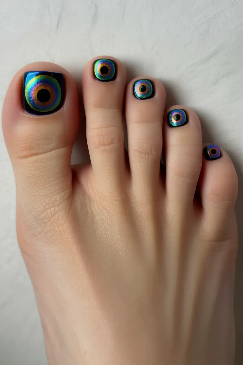 spring toe nail color Cosmic Oil Slick Pedicure for Modern Statement Spring Style
