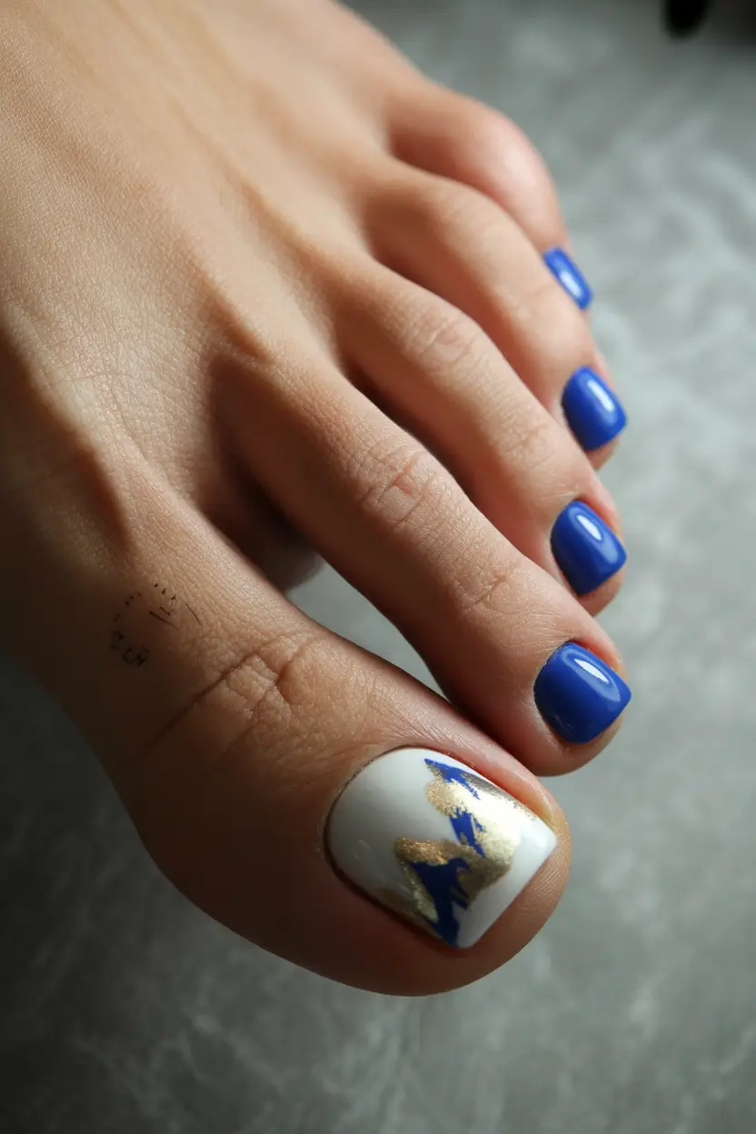 spring toe nail color Royal Blue and Gold Accent Pedicure for Fresh Seasonal Contrast