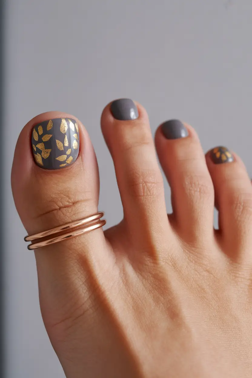 spring toe nail color Stone Grey Pedicure with Golden Leaf Accents