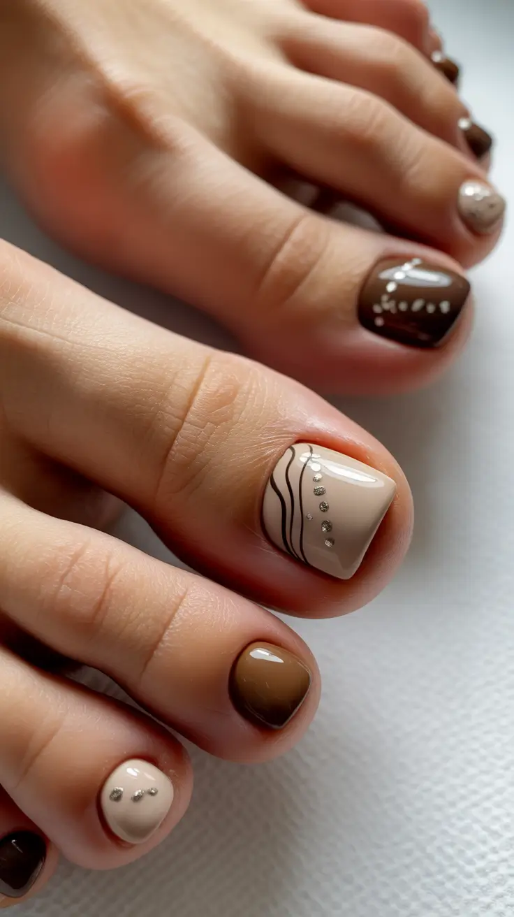 spring toe nail color Neutral Coffee Tones with Graphic Micro Details