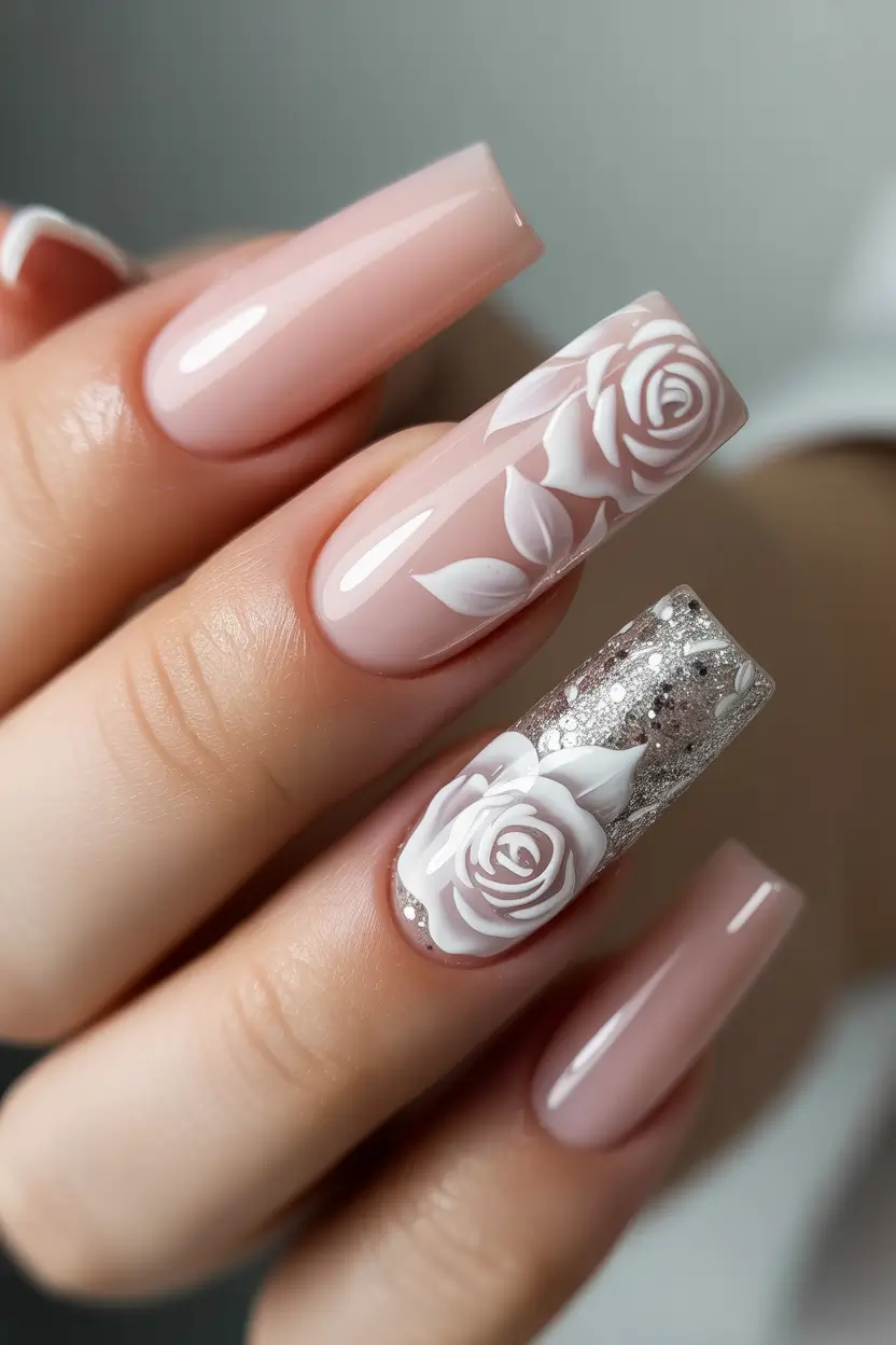 spring wedding nails Soft Rose Sculpture Nails With Romantic Bridal Drama