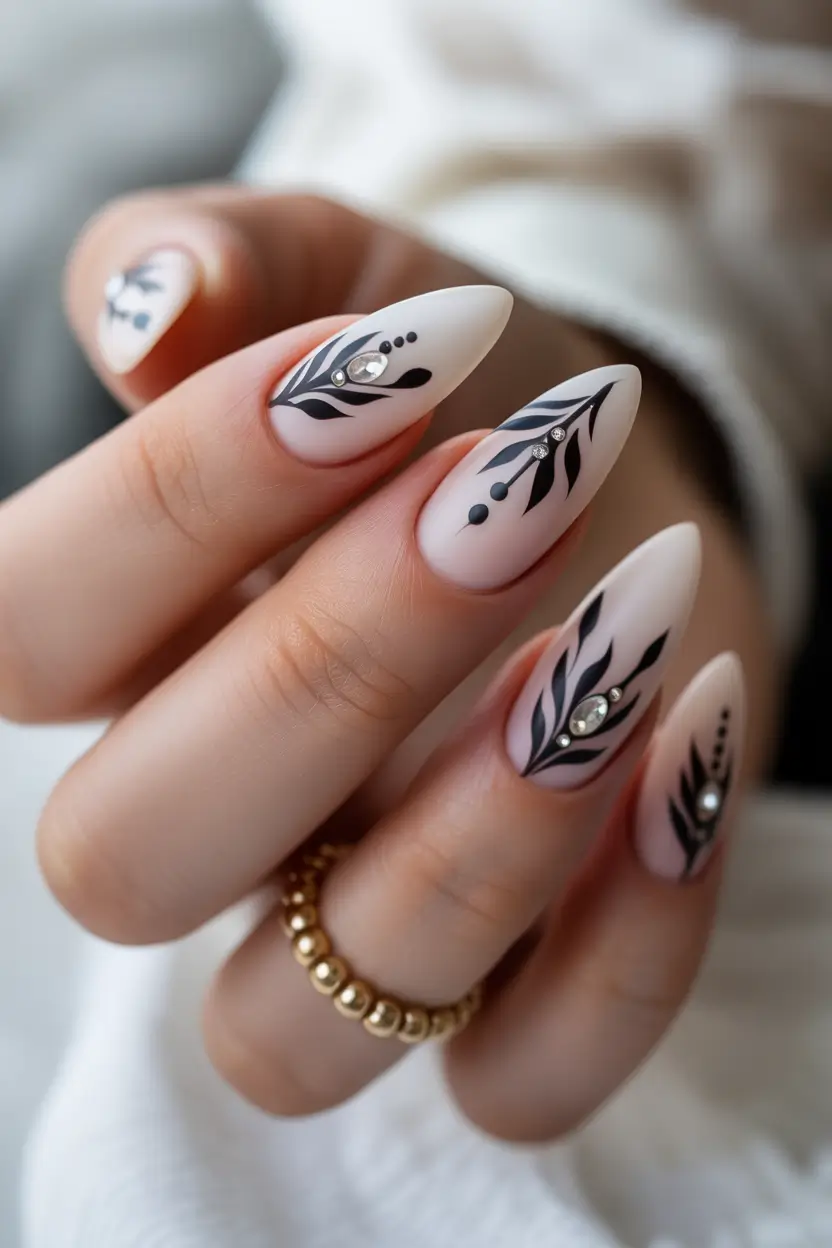 spring wedding nails Modern Monochrome Botanical Nails For A Fashion Bride