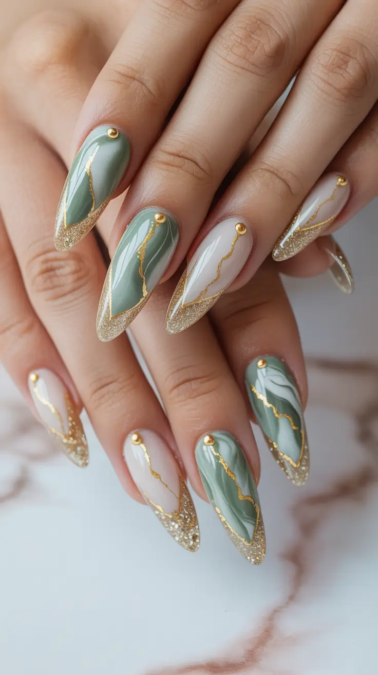 spring wedding nails Olive Marble French Tips With Nature Inspired Glam