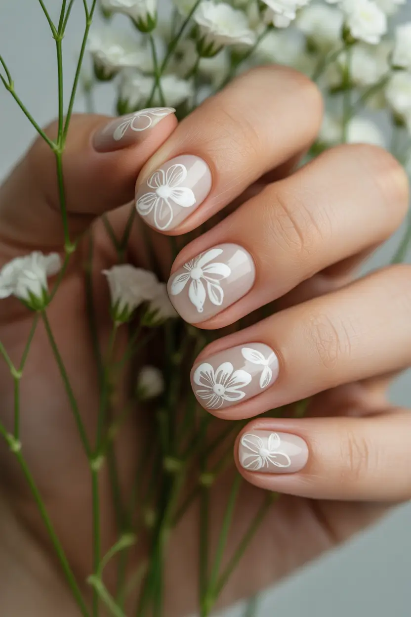 spring wedding nails Pressed Flower Romance In Soft Neutral Tones