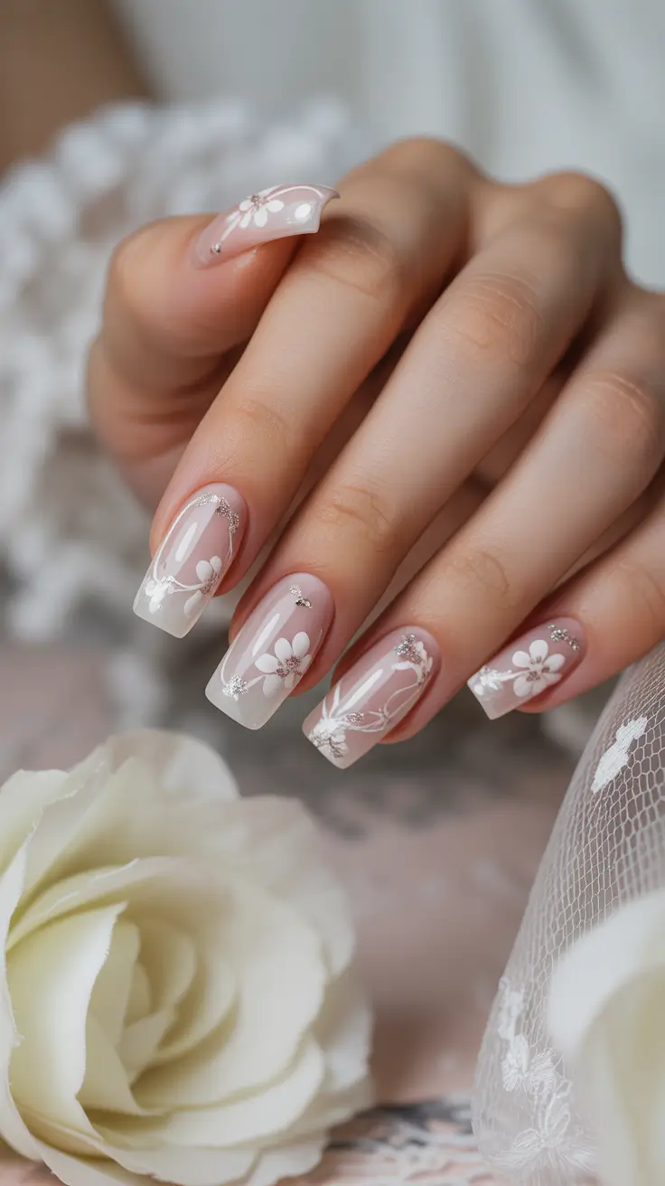 spring wedding nails Sheer Floral French Nails With Ethereal Bridal Softness