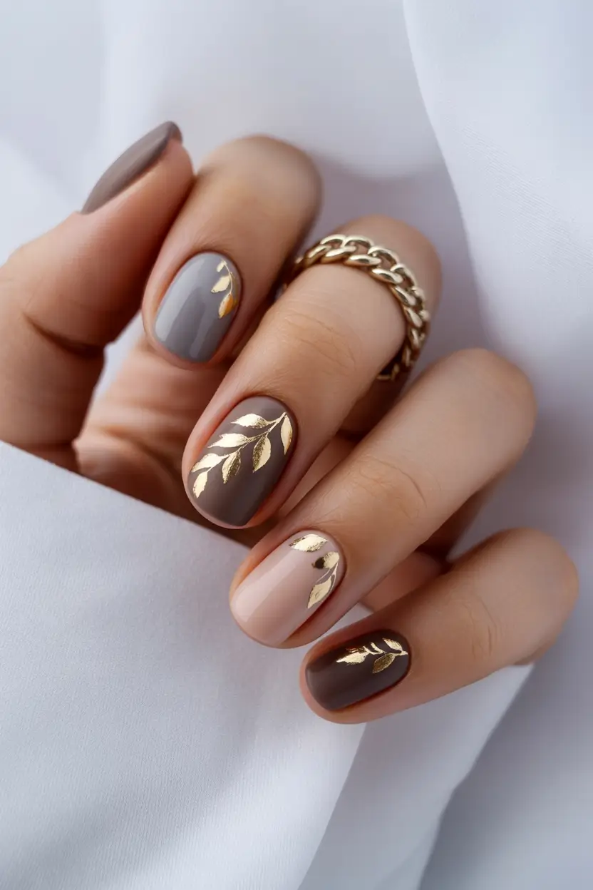 spring wedding nails Earthy Taupe And Gold Leaf Elegance
