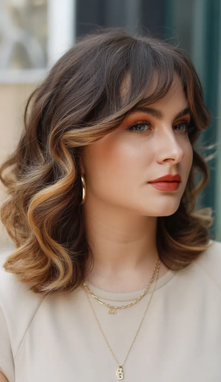 Spring Haircuts for Chubby Faces Soft Curled Lob With Warm Highlight Ribbons