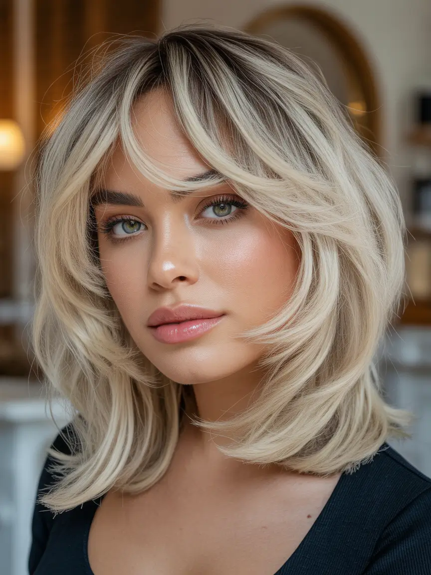 Spring Haircuts for Chubby Faces Medium Length Blowout Layers With Soft Glam Volume