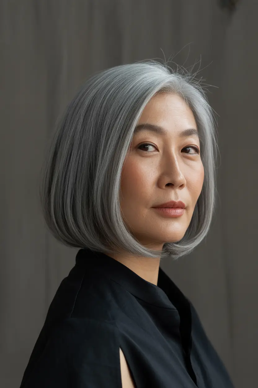 spring Haircuts for Women Over 50 Sleek Grey Short Bob With Minimalist Edge