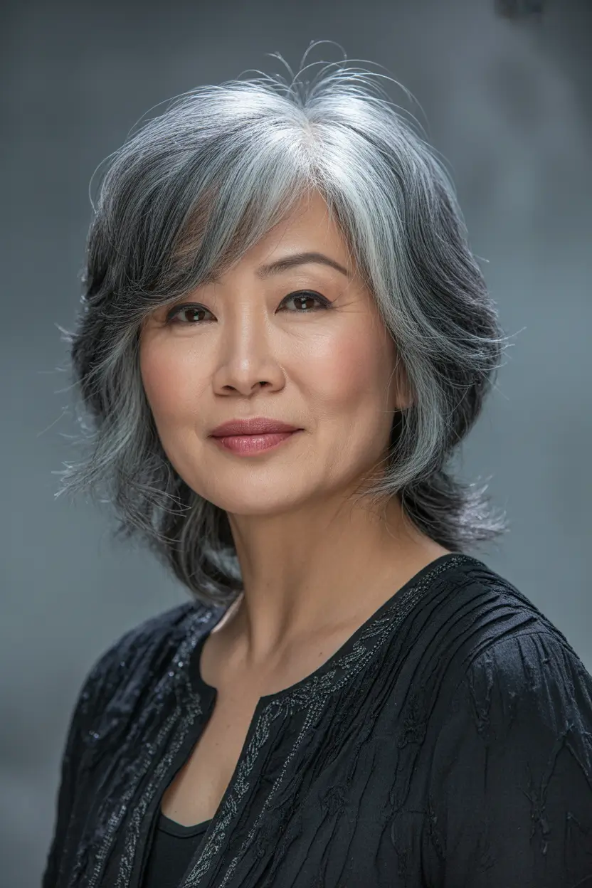 spring Haircuts for Women Over 50 Layered Medium Grey Shag With Soft Bangs