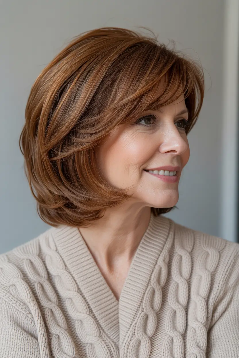 spring Haircuts for Women Over 50 Warm Auburn Layered Bob With Soft Rounded Volume
