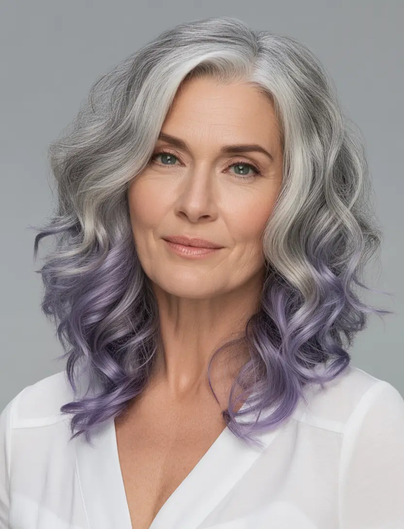spring Haircuts for Women Over 50 Silver Waves With Lavender-Dipped Ends