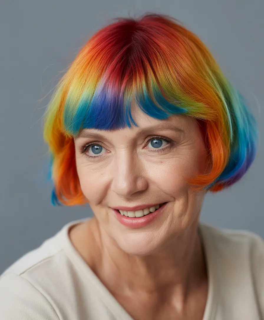 spring Haircuts for Women Over 50 Chin Length Rainbow Bob With Bold Bangs