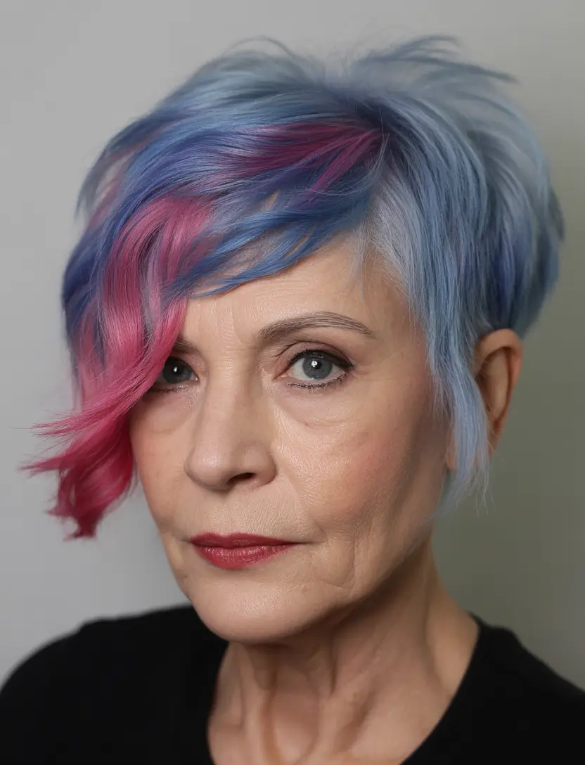 spring Haircuts for Women Over 50 Edgy Short Pixie With Blue And Pink Color Pop